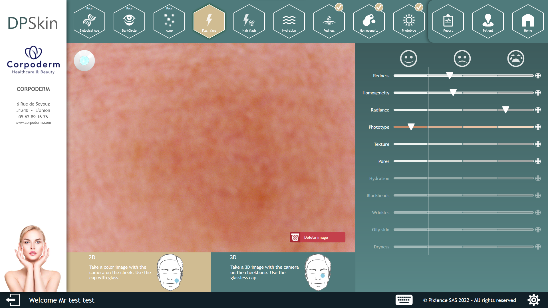 evaluación de pasos de análisis de la piel con dp skin